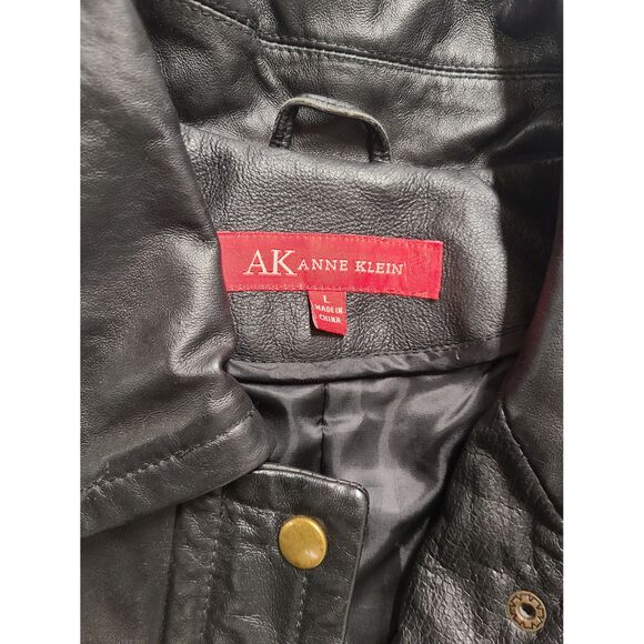 Vintage Anne Klein L Black Leather 90's inspired Coat Jacket Oversized Fit - Picture 2 of 7